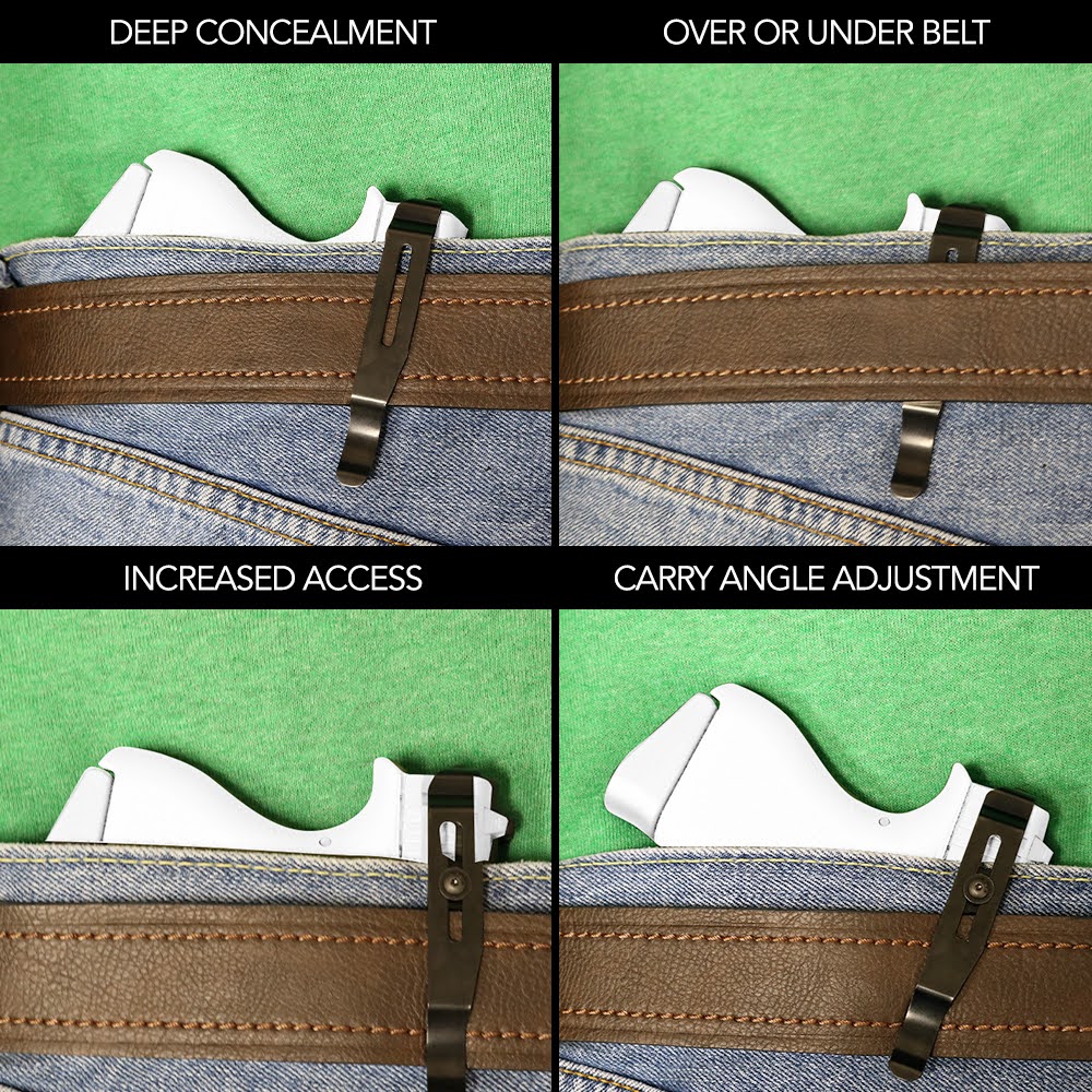 A collage of four images, showing four different ways to wear the Clipdraw concealed carry holster alternative.